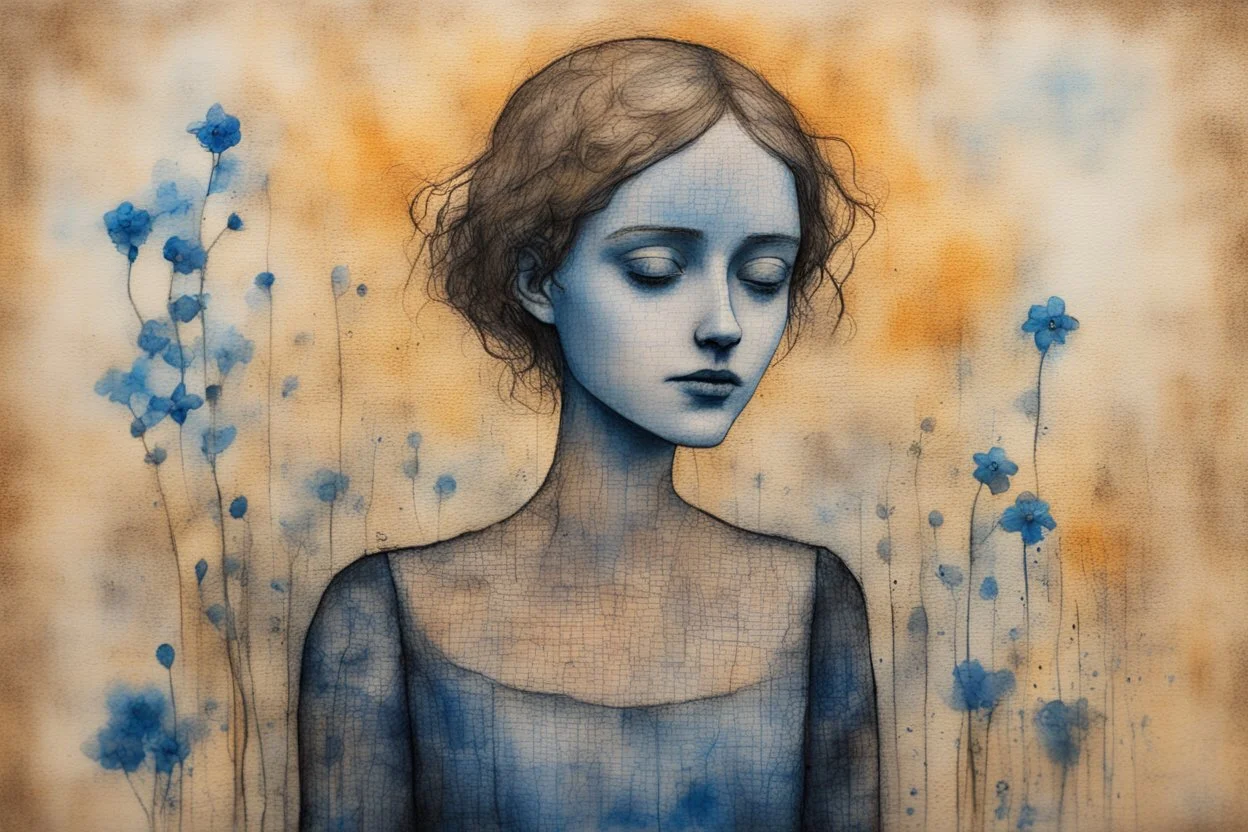 painted and burned burlap, forget-me-not woman, styles of Paul Klee Dee Nickerson and Tim Burton, melting watercolor and black ink outlines on wet paper, soft, shading strokes, in sunshine, ethereal, otherwordly, cinematic postprocessing, bokeh, dof