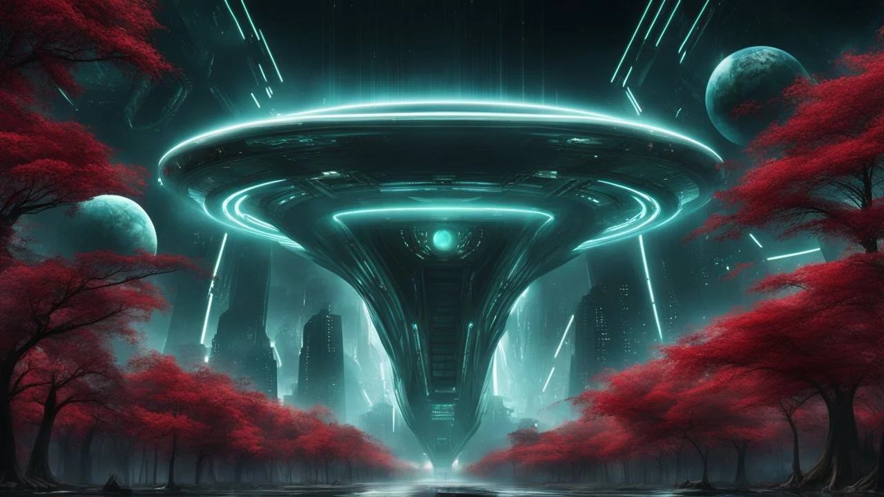 hyper realistic, tron legacy movie, space ships of the future, city of the future, green nad dark red trees , forest, space, planets, god status creations of the universe, face of an alien