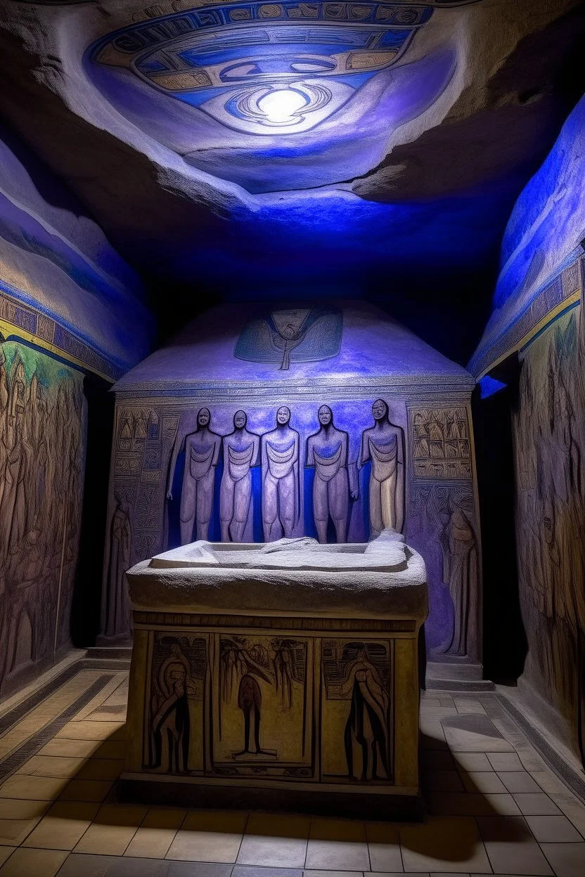 A violet hidden tomb with ghosts designed in ancient Egyptian hieroglyphics painted by Diego Rivera