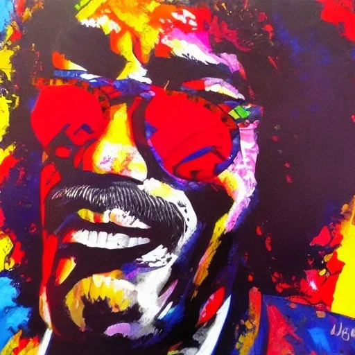 a realistic portrait of Jimi Hendrix at a turntable with headphones on being a DJ, vivid color, with sunglasses