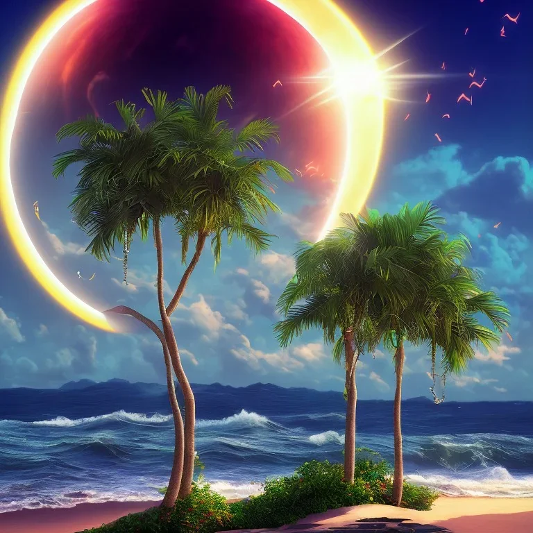 1980's vaporwave aesthetic palm trees with lightning with solar eclipse in the ocean waves sunset