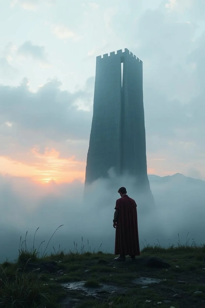The prince standing at the base of the Needle(the mega high prison tower), soaked and exhausted but alive, dawn breaking over the misty fields.