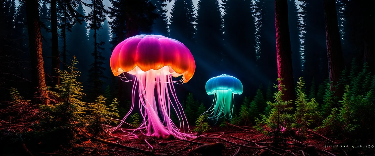 giant bio luminous Rainbow floating high JellyFish, light floating in a forest, mist, light trails, nighttime, long exposure, Treeline, Alberta, scientist, Dystopian, Hyper detailed, Realistic, Extreme depth of field, bokeh blur, Alberta all-natural, National Geographic, in the style of candid, imperfection, natural lighting, cinematic, Fuji Film, Anamorphic lens, 2040s, --ar 4:5 --w 150 --style raw