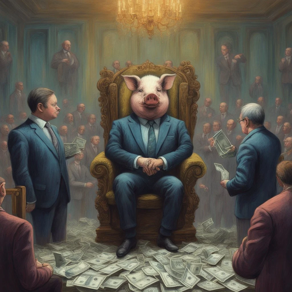 rich pig in suit on a throne making stacks of money by making a deal with a buisnessman. background of musicians. Payday payday. beksinski style. politicians