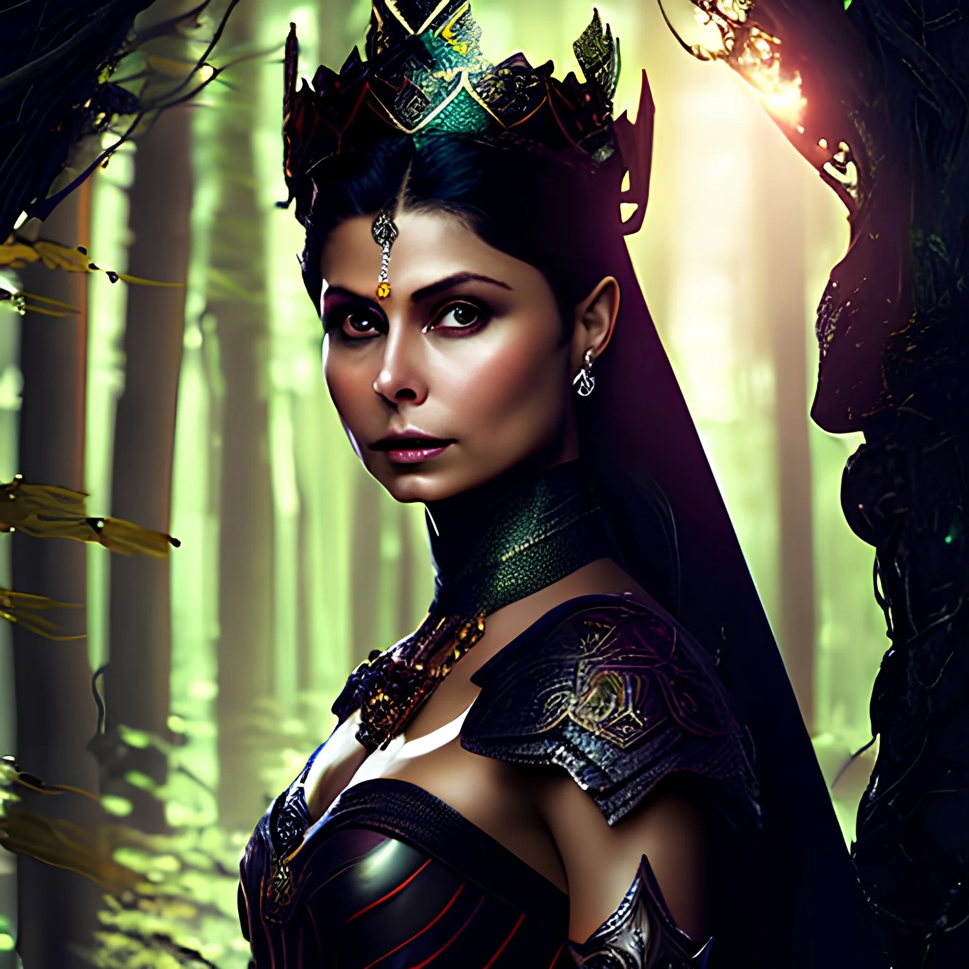 Morena Baccarin as a beautiful sexy dark elf queen seated elegantly on a throne in a mystical forest, dark celtic vignette frame, photo-realistic, cinematic lighting, award-winning photography