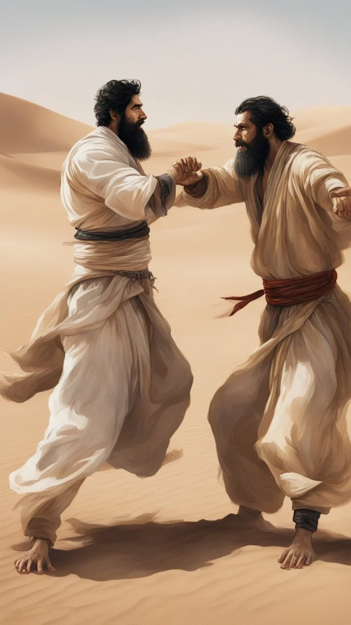 A picture includes two men, in the desert, in old Arab dress, with black hair and a thick beard, fighting with fists, and one of them gives the other a strong blow to the head.