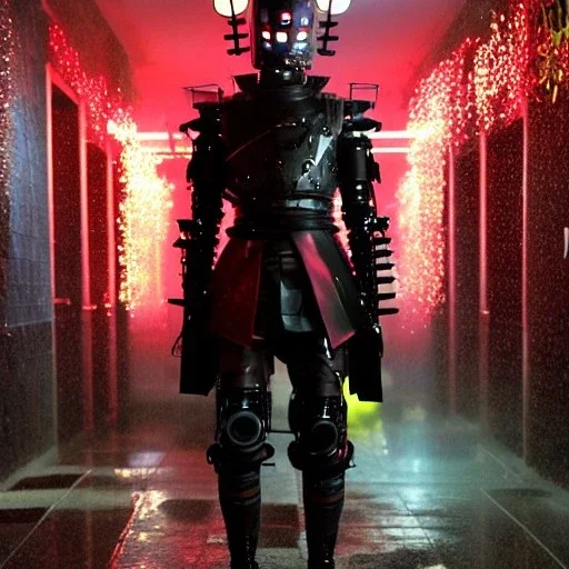 portrait of a Robot samurai, Japanese cyber style, art by Yoji Shinkawa, artist, cold ambient, rain, fog, latex, cables, purpurin, black, decorative color lights, neon style, led lights, fog, rain, vibrant color, highly detailed, art stations, concept art, smooth, unreal engine 5, god rays, ray tracing, RTX, lumen lighting, ultra detail, volumetric lighting, 3d, finely drawn, high definition, high resolution.