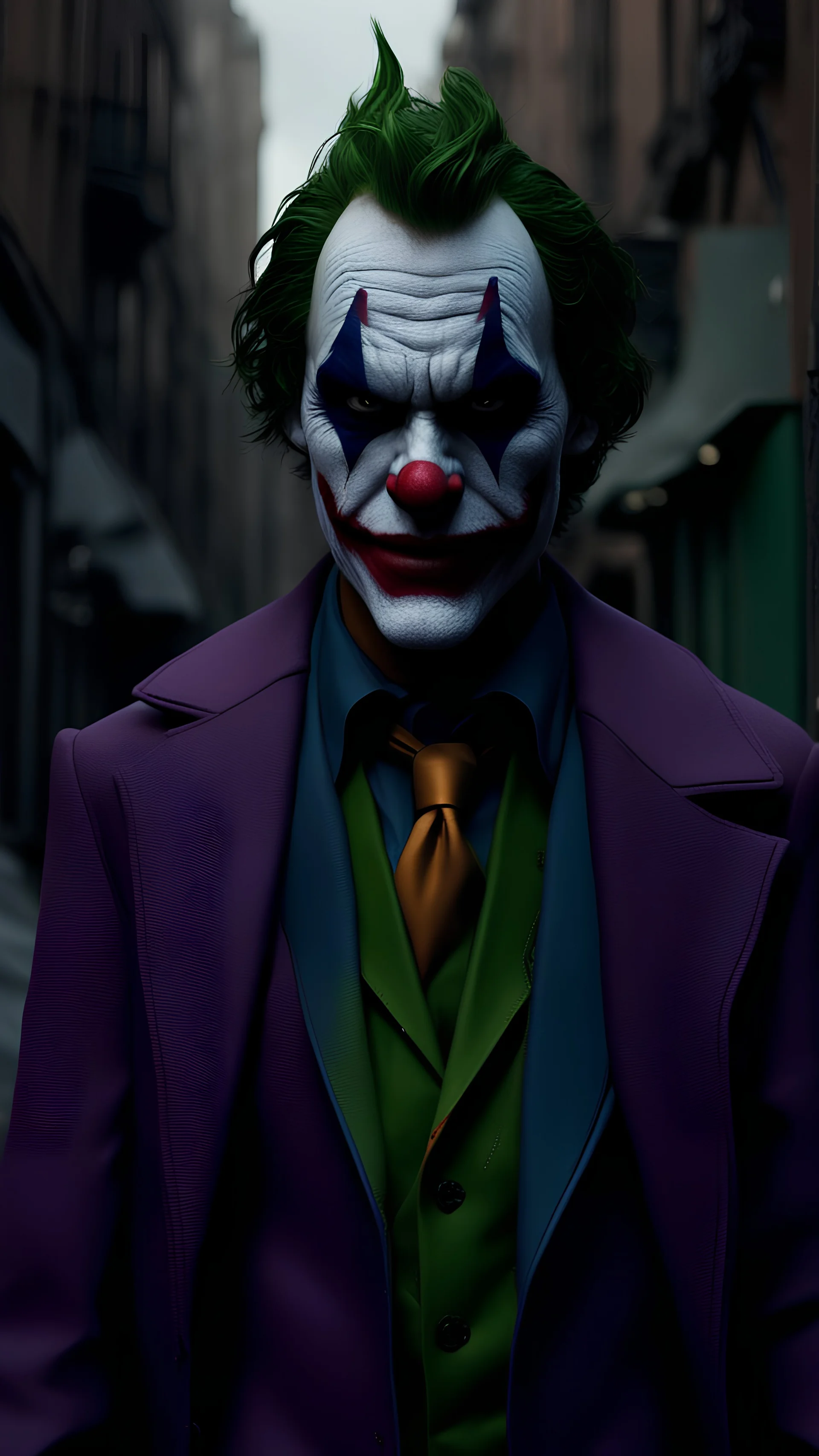 Joker, as he stands in the middle of the street, his face contorted into a menacing snarl, and the caliph of a dark street, hyper realistic, 8k, ultra hd, pixar style, disney stile, cinema 4d, --ar 3:2