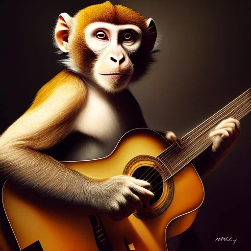 Audobon painting of a monkey playing a guitar, 6 strings, fingers