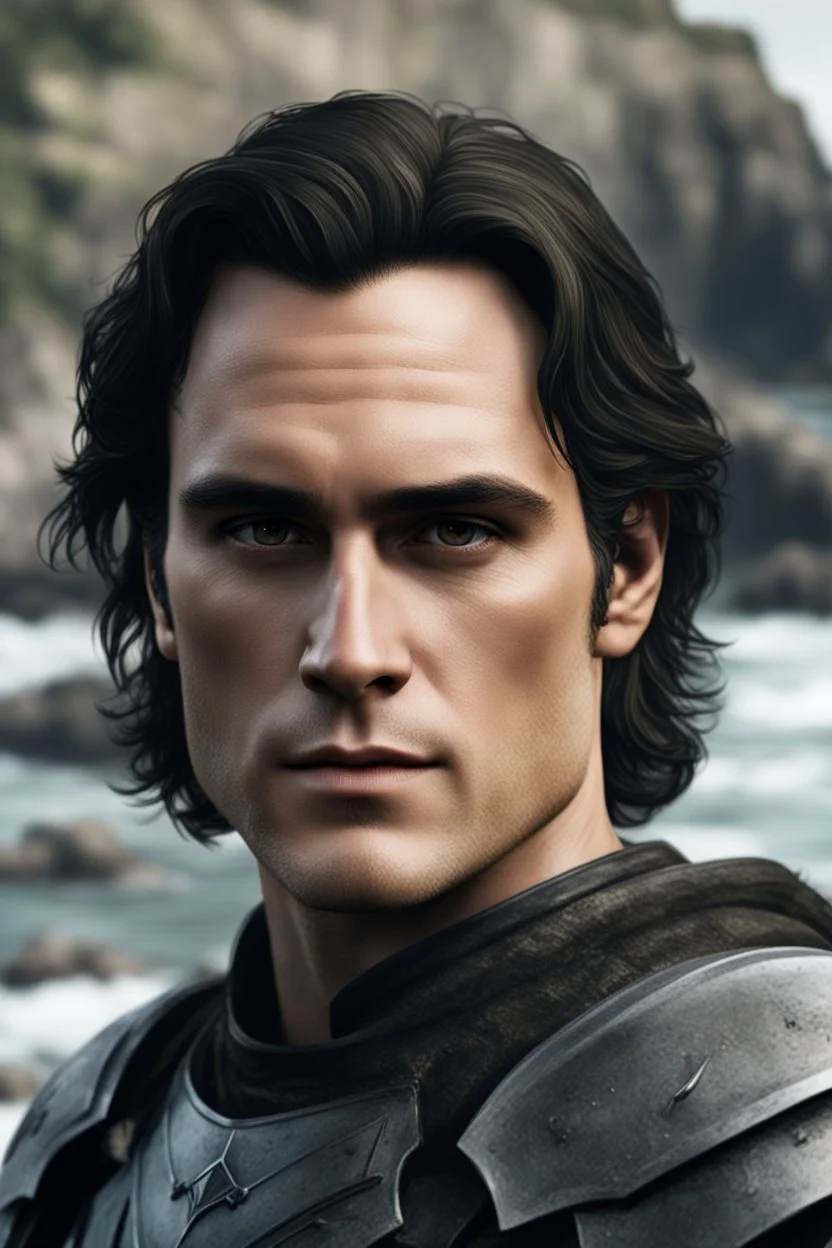 A portrait of Joaquin Phoenix in his early 30s, long beachy haircut, black hair, on a rocky island, in ebony armor from Skyrim, melancholic and dangerous facial expression, half-smiling, in the style of Genndy Tartakovsky