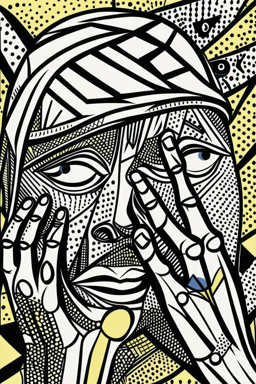 tribal man in grief with hands on face crazy shapes pencil draw style of roy lichtenstein