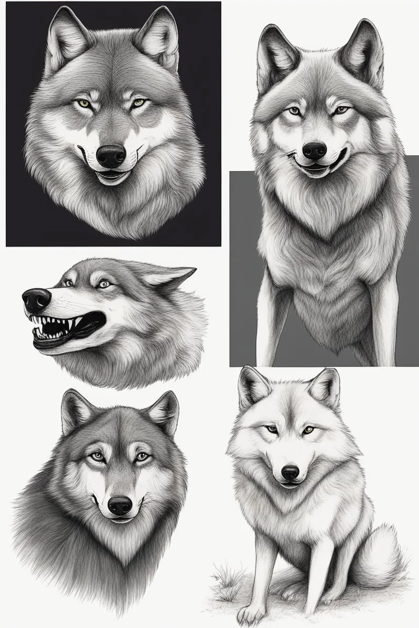 two wolves 1.honest wolf and 2.commercial wolf funny drawing by hand