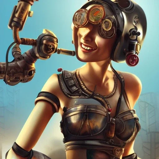 great illustrator, spanish, realistic rendering of a italian cute girl, beautiful, steampunk syle, acuarello. Helmet with tubes. smiling. Machinery in the background. robotic bird flying. High details. 4k. unreal engine