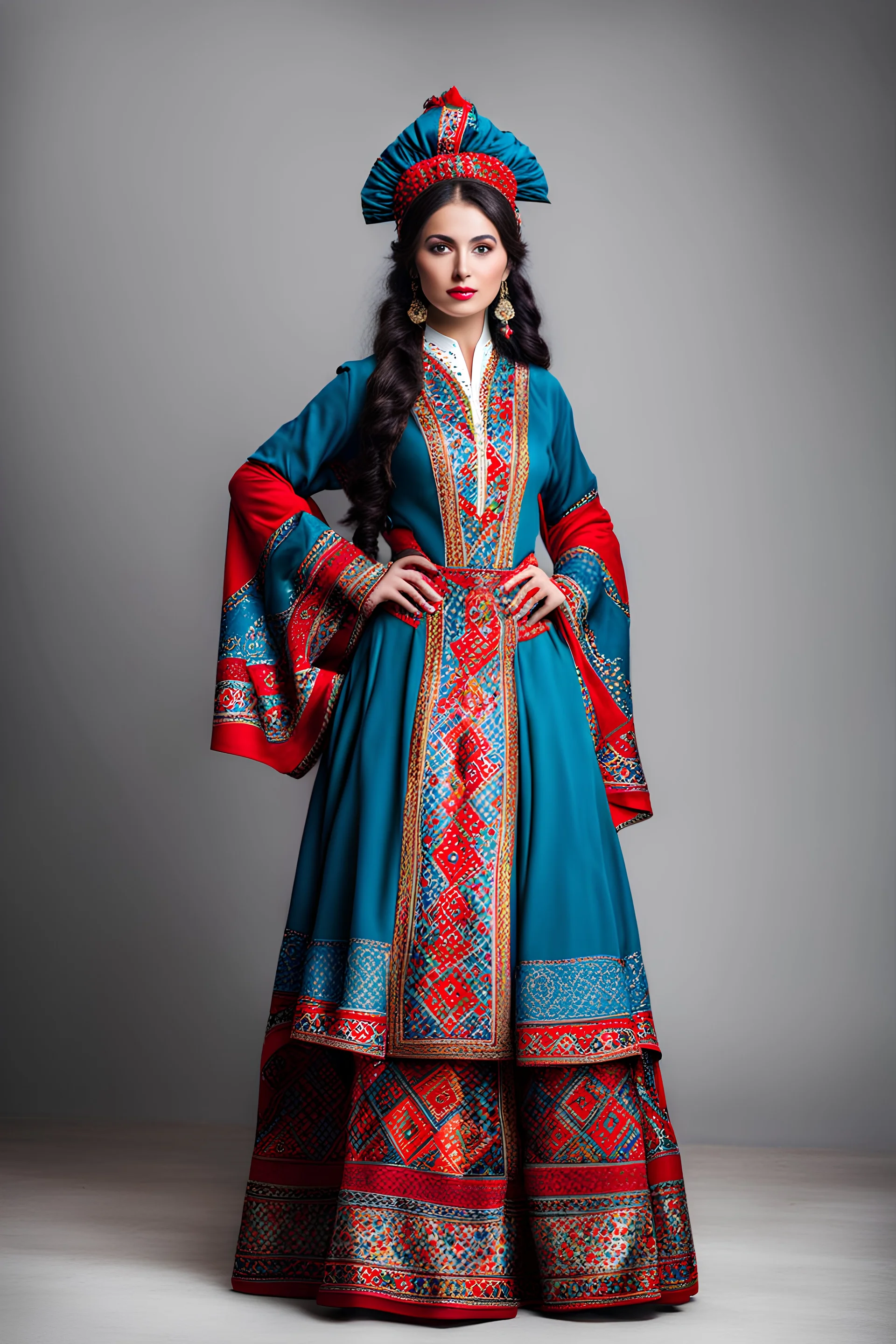 young lady in azeri national costume standing full body shot