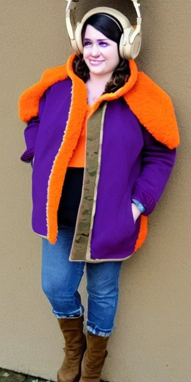 Brunette.thick thighs,thick calves,flat belly,curvy fell. big head. Mantle is sewed of upcycled Denim and sewed together of camouflage pieces. Pieces' color are orange, cream and purple. It is with big bright purple felt tippet and cream-colored-hood. mantle is merged with satchel. . Big AKG-style headphones (gold rings!) is merged with small felt cap with small visor. Style: Haute Couture in 1910's, N.Y.C fashion in 1996, inspired by street art 2023 Paris