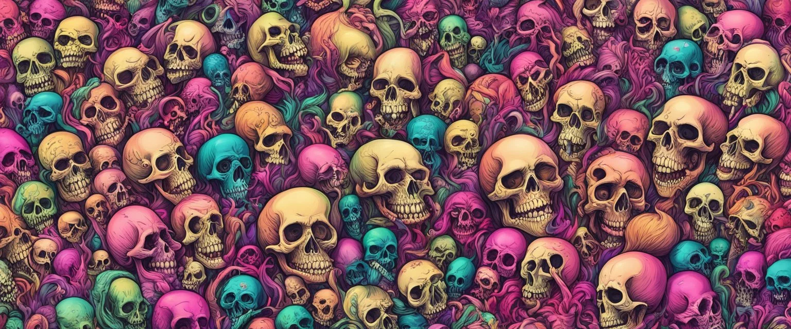 a field of 1000s of cartoonish, anatomically correct, skulls, vivid RANDOM BRIGHT neon colors, dark comedy, well lit, high detail, photorealistic, horrorcore, fun, scary, dead, 100% detail on all drawn, nothing partial or filler, by hanna barbara