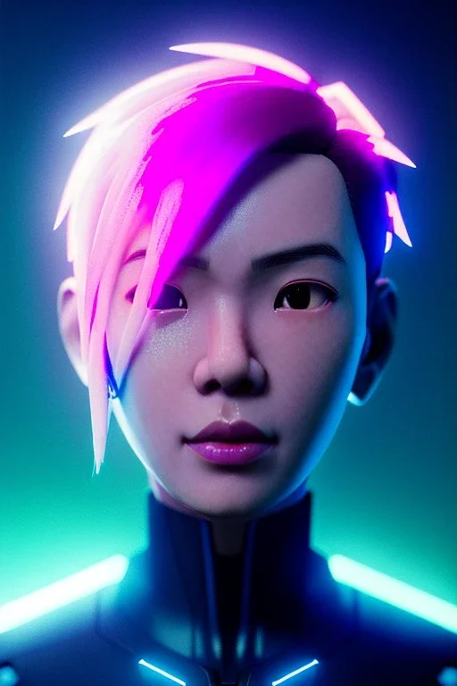 portrait, Asian cyborg woman, ghost in the shell style :: symmetry photography, cyberpunk, pink hair, makeup, long line eye, light iris, :: latex coat, wires and circuits, pink, white, black :: cinematic, Ultra realistic, dark scene, soft color, highly detailed, unreal engine 5, RTX, ultra detail, 3d, finely drawn, high definition.