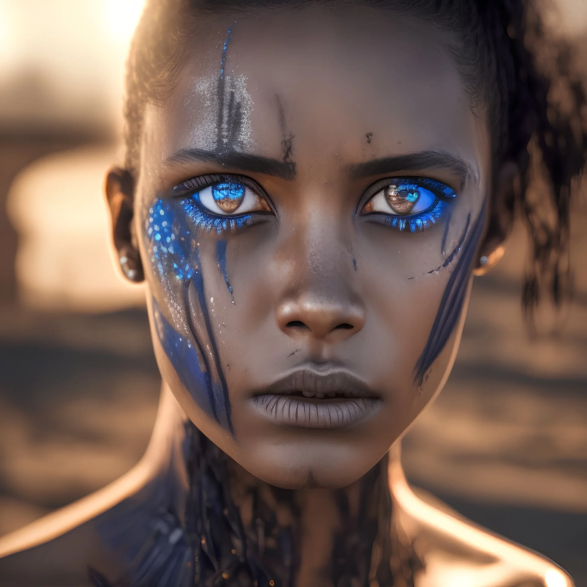 slum girl, blue eyes, wind blowing, :::BREATH TAKING COMPOSITION:::, dark eye make-up, intricate textiles, skin color make-up, etherial, sunset, gritty photo realistic, sun chapped lips, complex shadows, sun on face, ambient detail, strong direct single source lighting, dramatic light, depth of field, realistic, unreal engine, octane render, proportional face features, intricate fashion, national geographic haze, asymmetric composition, intricate dark background, detailed hair