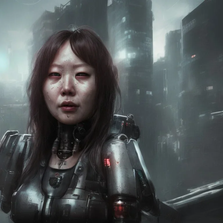 portrait closeup face crying half hitomi tanaka half cyborg middlecyborgs post-apocalypse in a cyberpunk city, sci-fi fantasy style, volumetric lighting, particales,highly detailed,cinamatic, deep colours,