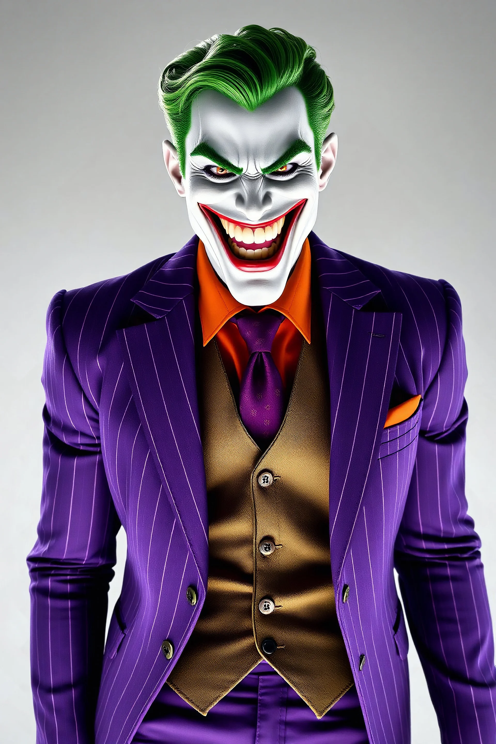 The Laughing Man - A tall, muscular 20-year-old man, with (((Short, crew cut wavy green hair tapered on the sides and back:1.5))), his face is white with red lips permanently stuck in an evil grimace/smile, he has thick, bushy green eyebrows He wears a purple pinstriped jacket over a green waistcoat and an orange button up shirt with a purple tie, ((Photorealistic)), ((Cinematic Lighting))