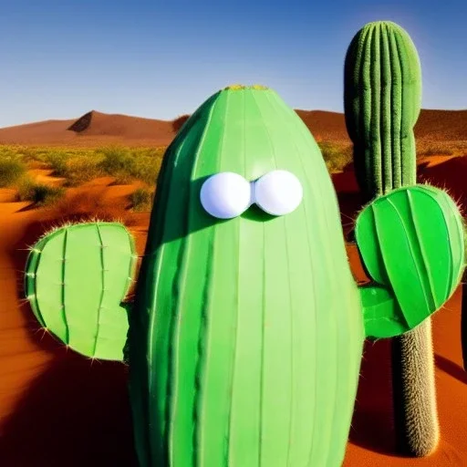 A giant, talking cactus wearing a top hat and monocle, standing in the middle of a desert oasis.