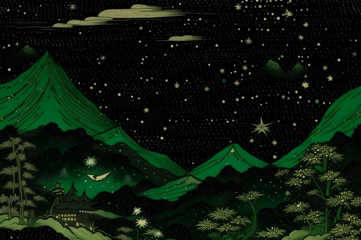 A greenish black space with copied stars painted by Utagawa Hiroshige