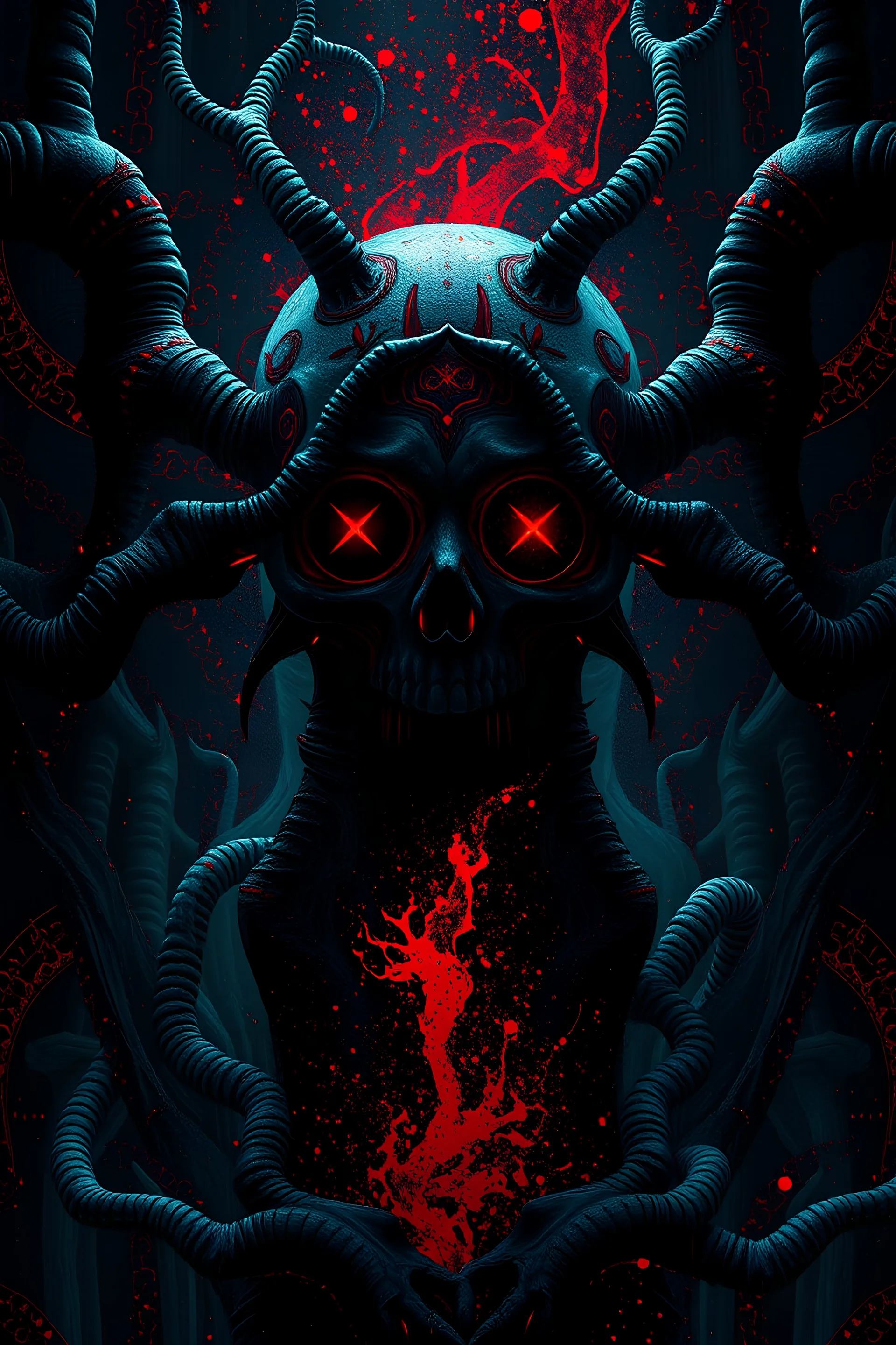 The ego is lost in the dark meanders of the mind where horrible monsters hide, mental disease, surrealism, cosmic black and red, intricate background, Neo-Gothic digital glitch art, photorealistic