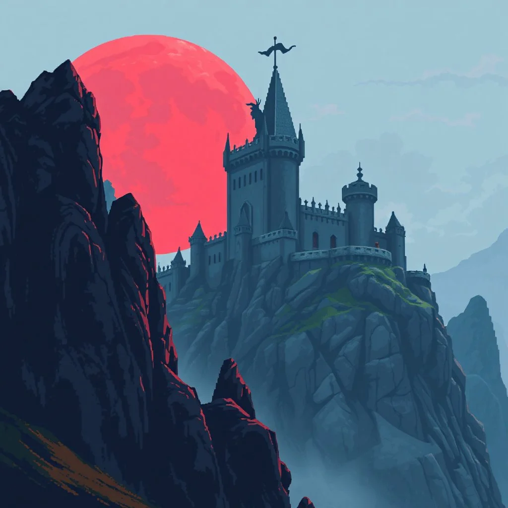8 bit pixelart a towering castle perched atop windswept cliffs, its jagged stone figure bathed in the cinematic crimson glow of a giant, imposing red harvest moon.