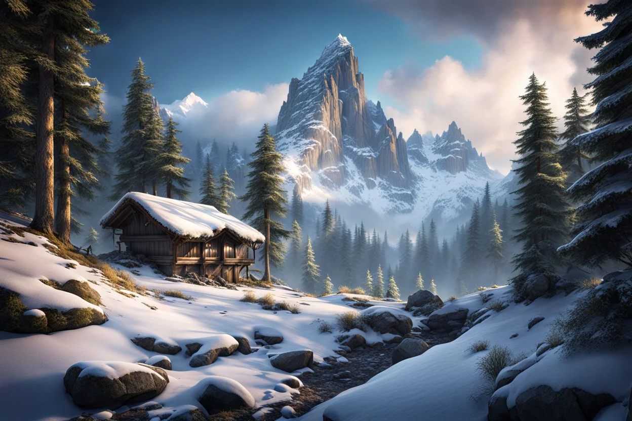 A massiv mountain. The button is covered in forrest, the middel in rocks and the top In snow. fantasy concept art, exquisite realism, a masterpiece, dynamic lighting, hyper detailed, intricately detailed, deep color, Unreal Engine, volumetric lighting , Epic cinematic brilliant stunning intricate meticulously detailed dramatic atmospheric maximal,