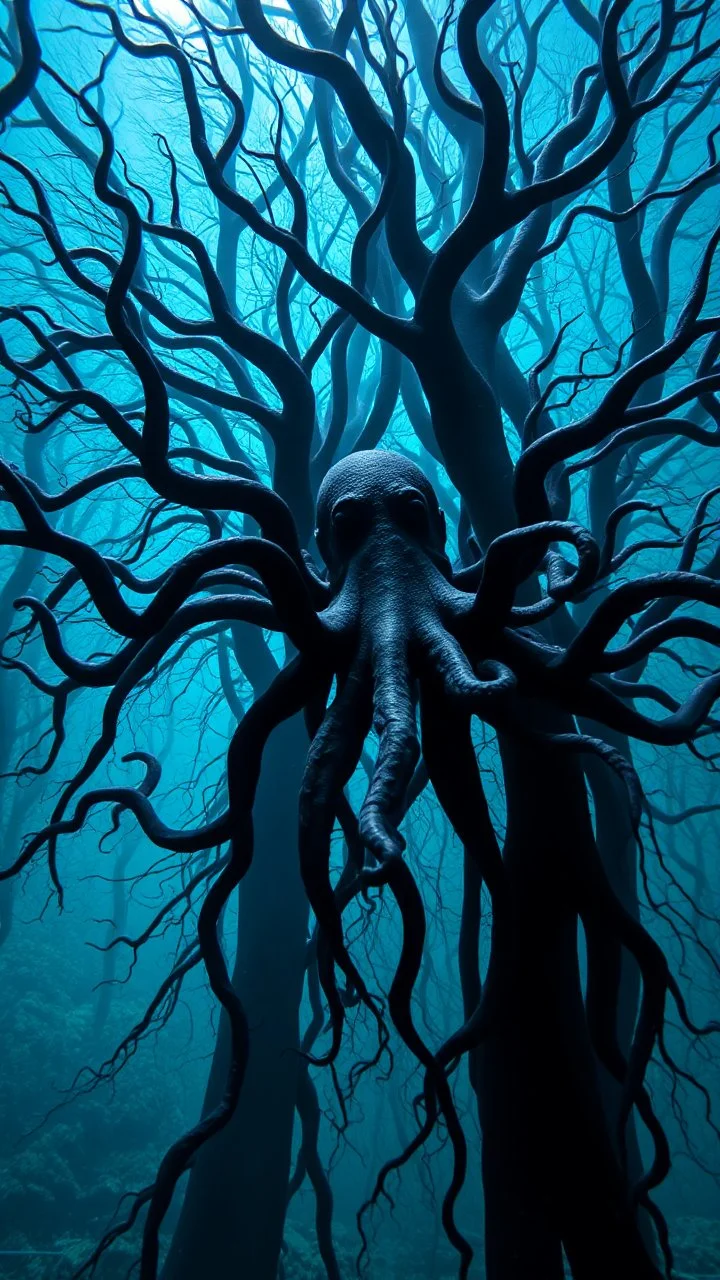 Underwater ocean trees background of black vein, human veins, mixing together a lot of them, like a forest, big and small veins a lot of them, a black creature looks like an octopus with many arms