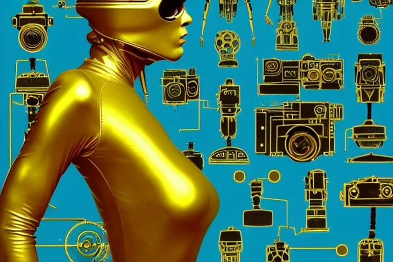 Golden to cyan surfaces body, latex. Brain-Synthesizer. partly coverage metallic. Hot Russian military girl troops. Trooping rebels. Old-fashioned cameras integrated to heads. Strange Steam-punk machines! Dystopia perfect body. Red 4D-tiling. Partly symmetrical in relation to big machines. Perfect golden ratio in all directions. Time-space-continuum. Steam-machines in 5th dimension. Tessellation in 6-dimensions. Paranoid, oppressive atmosphere. Soviet propaganda.