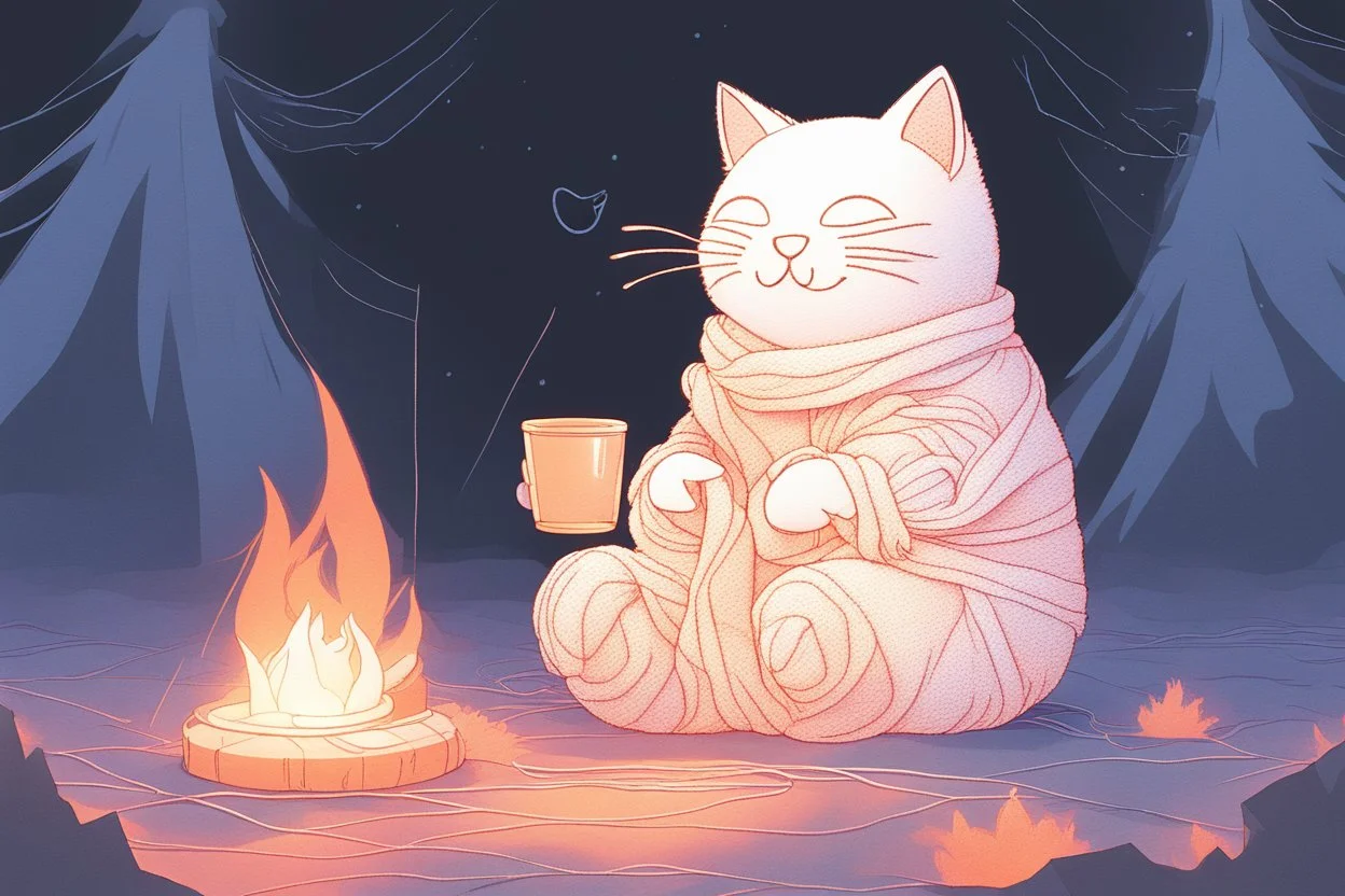 Against a dark cracked holographic marble background, a cute chibi plushy fluffy knitted and embroidered cat, tent, campfire, pond, mist and fog in sunshine, drawn in orange glowing neon lines. The cracks in the background are golden. Ethereal, cinematic postprocessing.