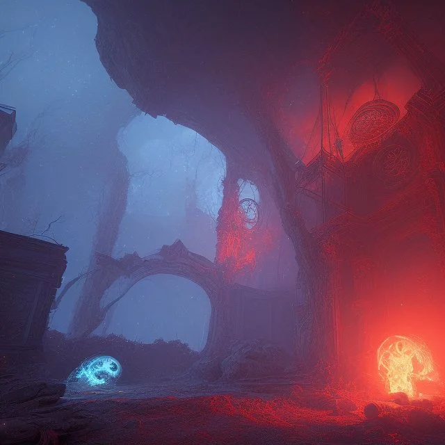 dynamic lighting, Intricately detailed, deep color, Unreal Engine, volumetric lighting, Hell landscape, Hell concept art, Hell fantasy artwork, nightsky, blue, black, nebulae, fields, abandoned buildings, ruins,