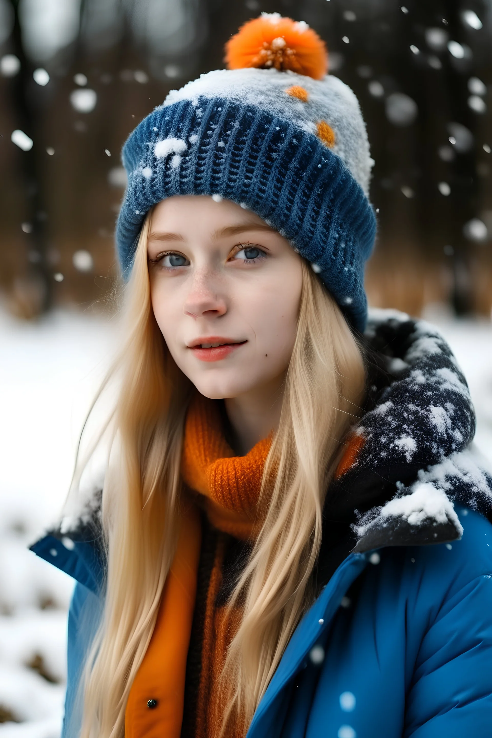 a teen girl with blondy orangey hair standing in a field with snowflakes falling around her, dresses in winter clothes and wearing a winter hat