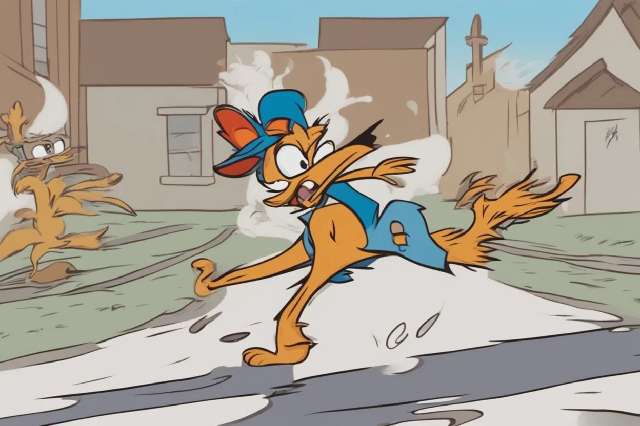 mostly sky, ground line at bottom, small cartoon road runner on the bottom right running towards the right side, leaving behind a puff of smoke. style of looney toons cartoon