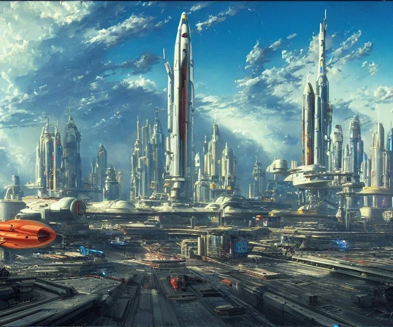 Spaceport on a heavy industrialized planet, with a vibrant city in the background and a docked spaceship in the foreground!!!, art by John Berkey, buildings with glass facades, Brutalität architecture, insanely detailed, vibrant, 8k uhd, cinematic atmosphere, ultra-wide angle, street level view, brush strokes, blue sky with clouds, sharp focus