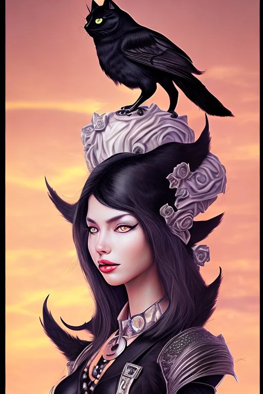 Black cat with crow on her head.