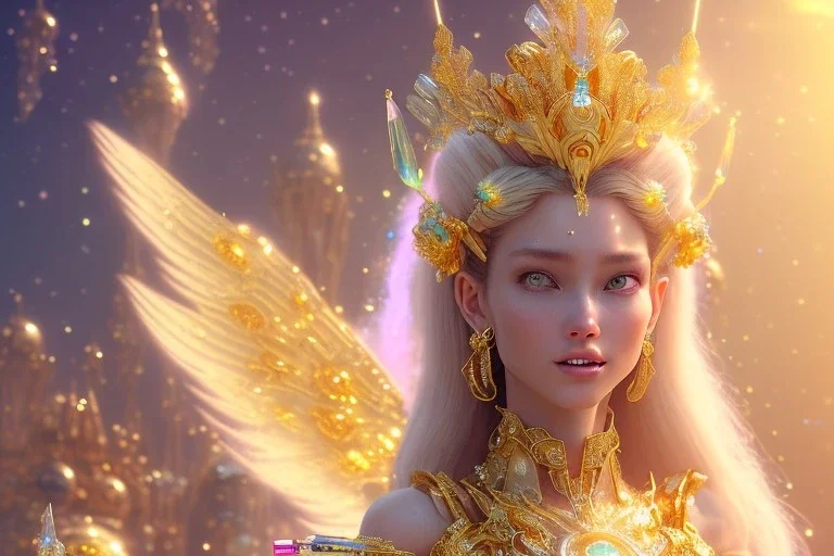 very beautiful crystal and gold goddess in a galactic ambiance, nice smiling, transparent petals, delicate colors, full of details, smooth, bright sunshine，soft light atmosphere, light effect，vaporwave colorful, concept art, smooth, extremely sharp detail, finely tuned detail, ultra high definition, 8 k, unreal engine 5, ultra sharp focus