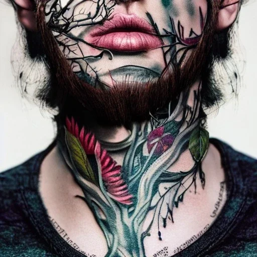 "full face tattoo of leaves and gnarled branches extending past face and morphing into reality, 8k resolution, high-quality, fine-detail, muted colors,intricate, digital art, detailed matte, volumetric lighting, illustration, octane render