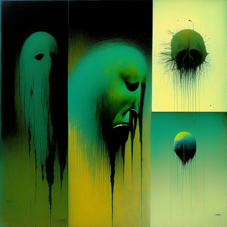 stages of Grief, by Victor Pasmore and Ray Johnson and Zdzislaw Beksinski, surreal horror, abstract grief afflicted elements, dramatic, color splash, weirdcore