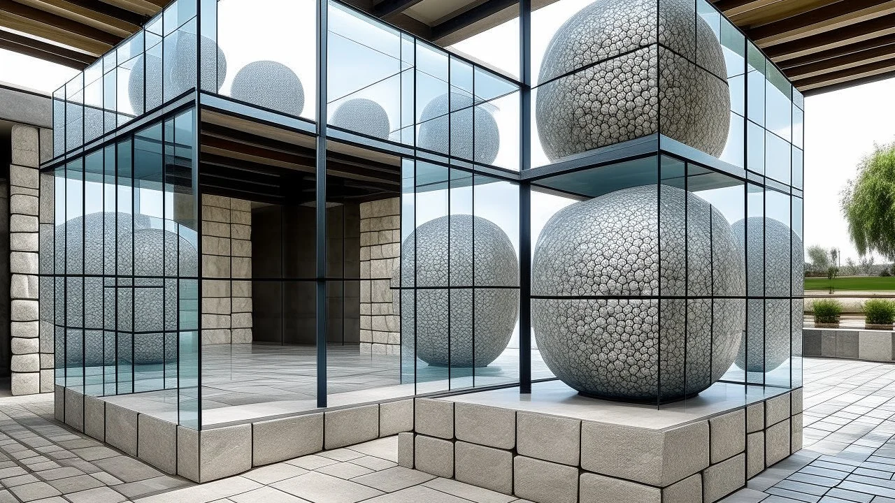 A minimalist construction of hollow stone cubes and frosted glass spheres, inhabited by diverse people within the structures.