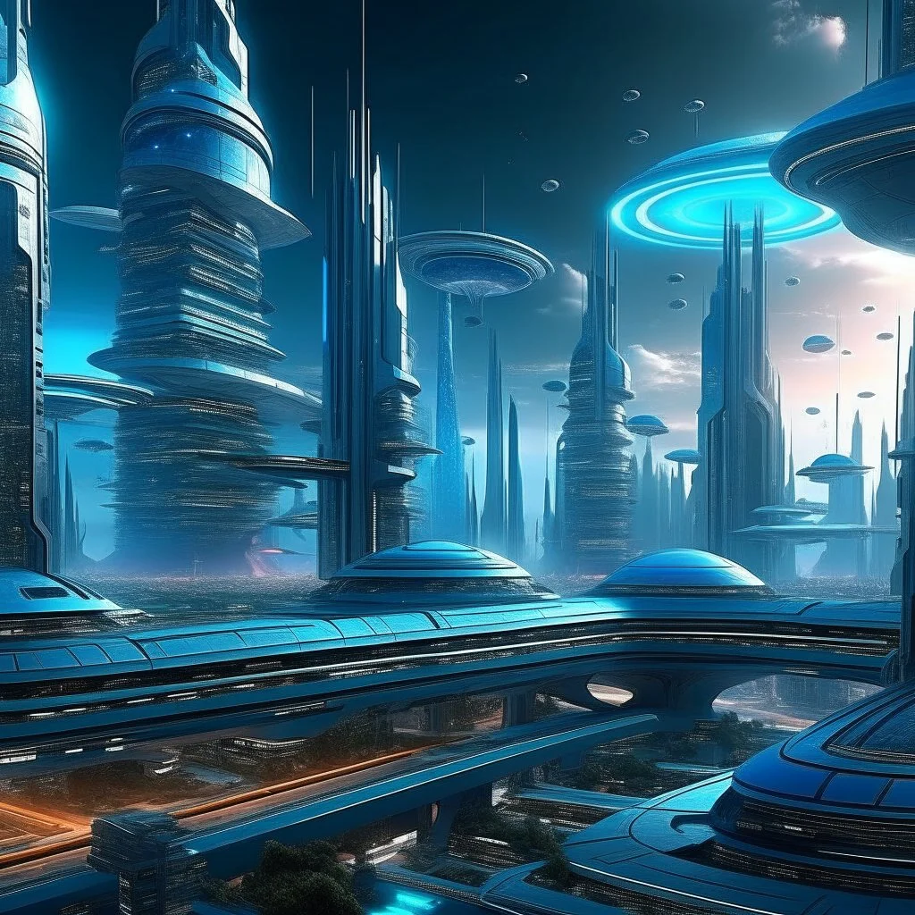Create an image of a futuristic city on an alien planet, featuring advanced architecture, flying vehicles, and holographic displays."