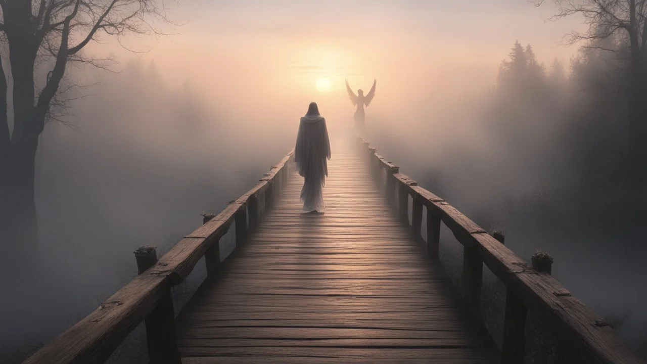 walking straight ahead over a wooden bridge, holding the angel of death with your right hand, entering the fog at the end of the road that leads to the afterlife, a stream from the mountains flows from the right and left, and a beautiful sunset behind the fog, realistic