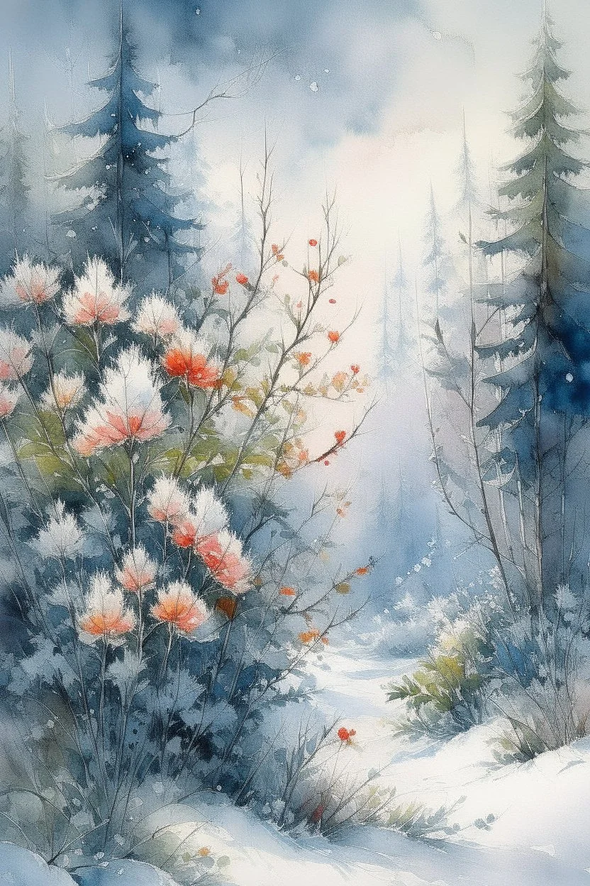 Wet watercolor, beautiful flowers, fir trees, fine drawing, beautiful snow-white landscape, pixel graphics, delicate sensuality, realistic, high quality, work of art, hyperdetalization, professionally, filigree, hazy haze, hyperrealism, professionally, transparently, delicate pastel tones, back illumination, contrast, fantastic, nature, space, Milky the way is fabulous, unreal, translucent, glowing,clear lines