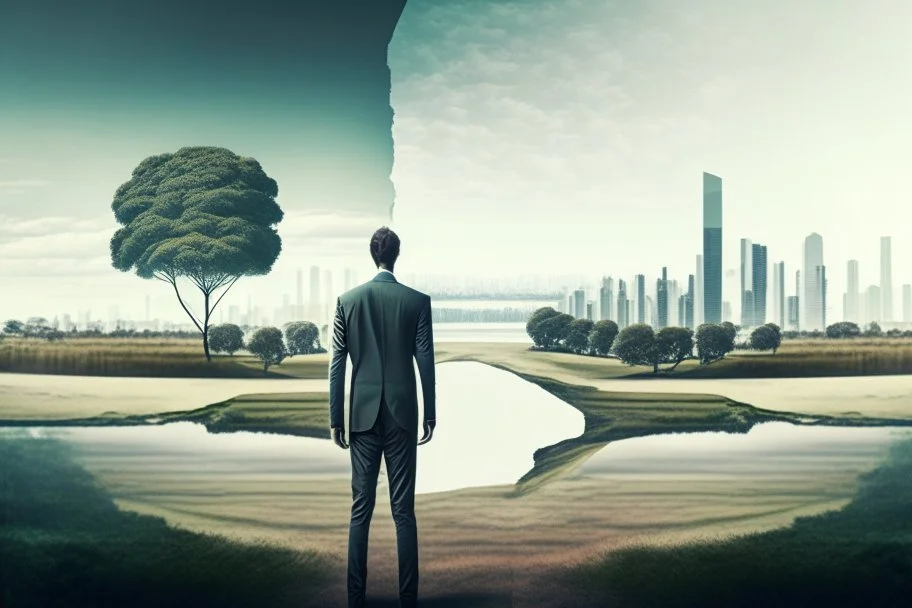 man standing in a split picture, open countryside, with trees on one side and a pristine futuristic city on the other side