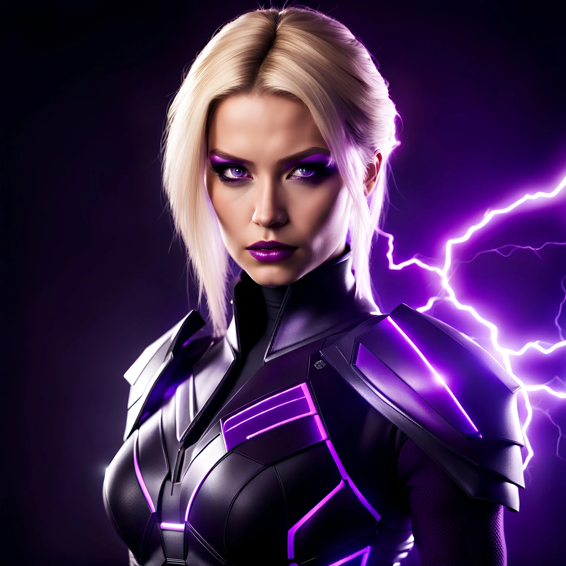 full body portrait of an attractive youthful female sith with blonde hair, black and purple clothing, dark eyeshadow, dark eyeliner, focused and intense, surrounded by crackling electricity, video game character