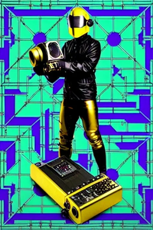 Metallic Cyber-punk style camera-mask and headphones. Large fencing mask covers cheeks. Trim man. Reflective plastic body surface, golden skin, full-coverage. Head full of integrated old-fashioned cameras and old telephones. Golden to cyan surfaces body. Perfect body. Equations, Euclidean 3D-tiling, Escher tiling. Soviet propaganda in 1990's. Cables in head. Daft Punk. Matrix leather jacket. Hoodie, beanie
