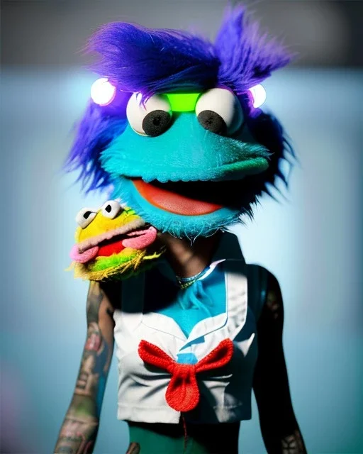 hybrid character, waitress sexy woman with monster muppet mask that covers her entire head, punk and blue, short shirt, tray, old school tattoo, retro style, Sesame Street style, hot, smooth, unreal engine 5, god lights, ray tracing, RTX, lumen lighting, ultra detail, volumetric lighting, 3d.