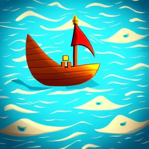 Small wooden ship, Legend Of Zelda: Wind Waker style, on a vast ocean, stylized, colorful, adventurous, full view.