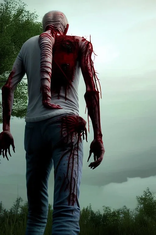 realistic image, joe biden zombie, zombie posing, arm cut and bleeding, amputated leg, night, walking with a limp, waist up view, dark ambient, highly detailed, sky background, concept art, unreal engine 5, god rays, ray tracing, RTX, lumen lighting, ultra detail, volumetric lighting, 3d, finely drawn, high definition, high resolution.